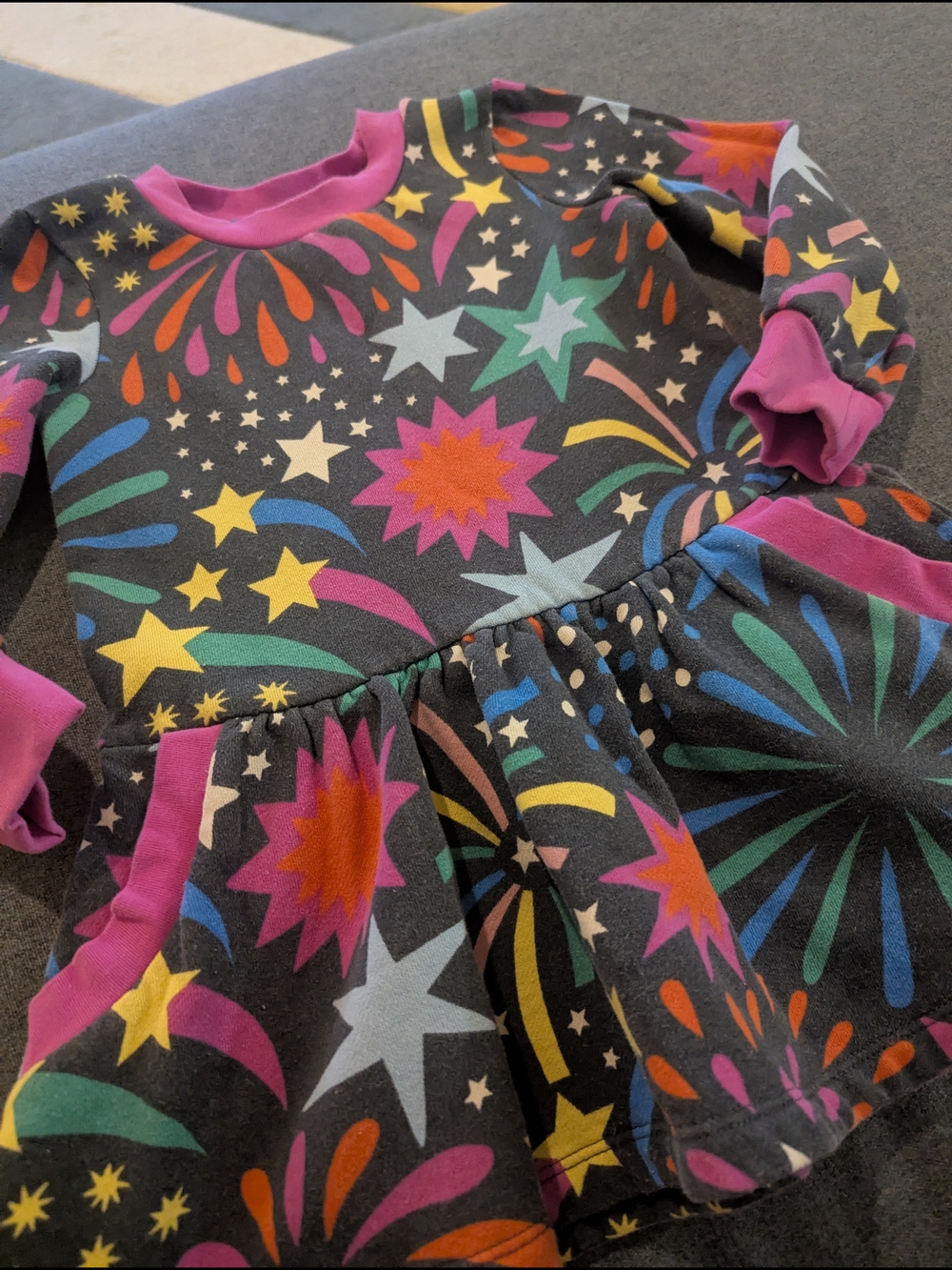 Mini Boden Black Starburst Firework Print Dress with Pink Trim - Picture 2 of 3